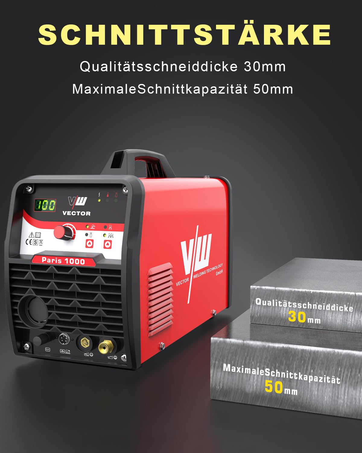 VECTOR WELDING Plasmaschneider 100A Set, 45mm Schnittstärke 400V | Pilotzündung Inkl. Plasmaschneidbrenner, Schweißhelm und Plasma Düsen Set