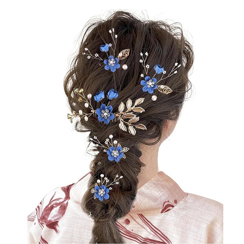 Hair Ornaments Set of 5, Headdress, Pearl, Flower Comb, U-pins, Hairpin, Coming-of-Age Ceremonies, Weddings, Recitals, Graduation Ceremonies, Parties, Kimono, Elegant, Gorgeous, Gift Ready (Royal Blue