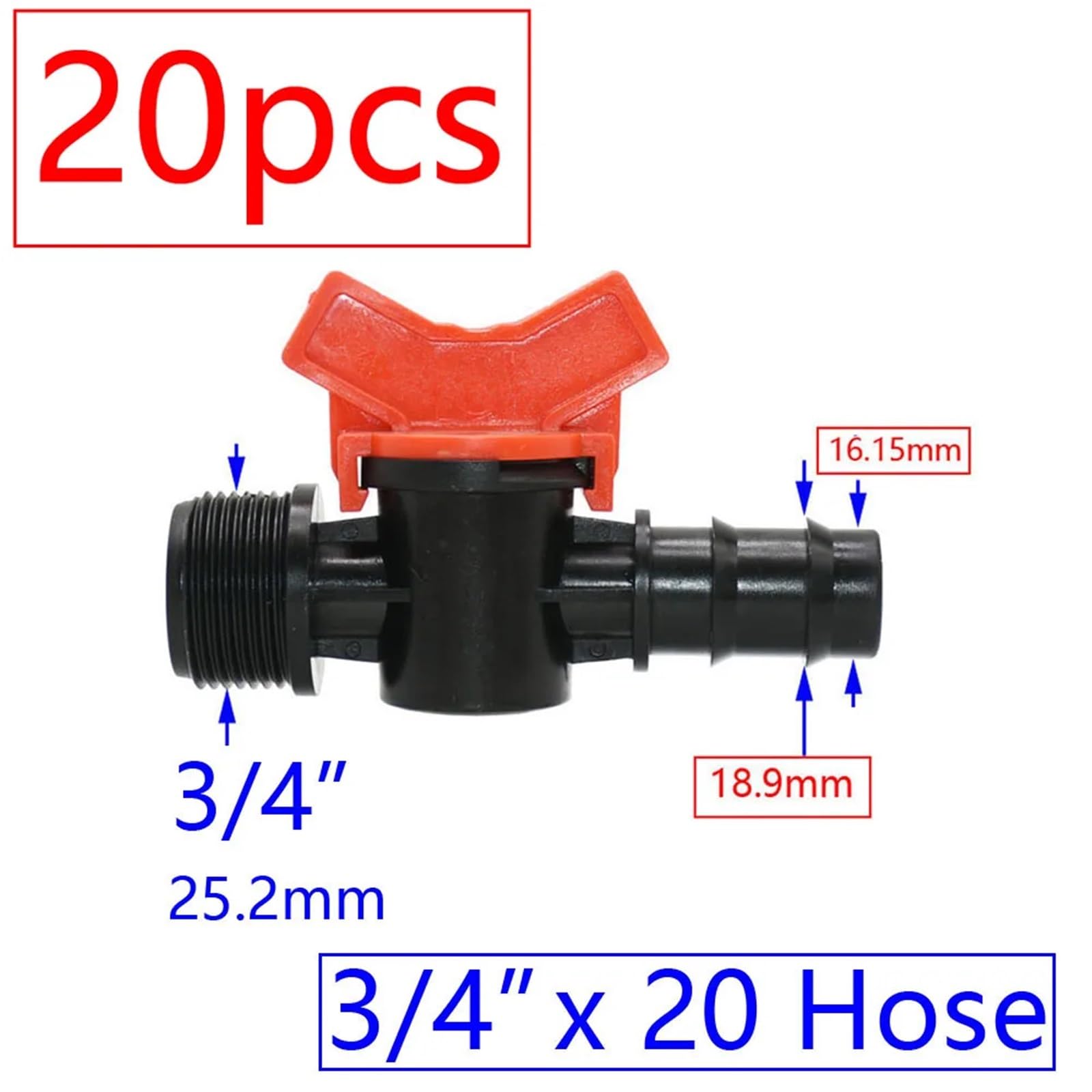 20 válvulas de riego por goteo de 4/7 3/8/10/12/16/20/25 mm, conector de manguera de agua de rosca macho de 1/2 pulgada 3/4 pulgadas (P)