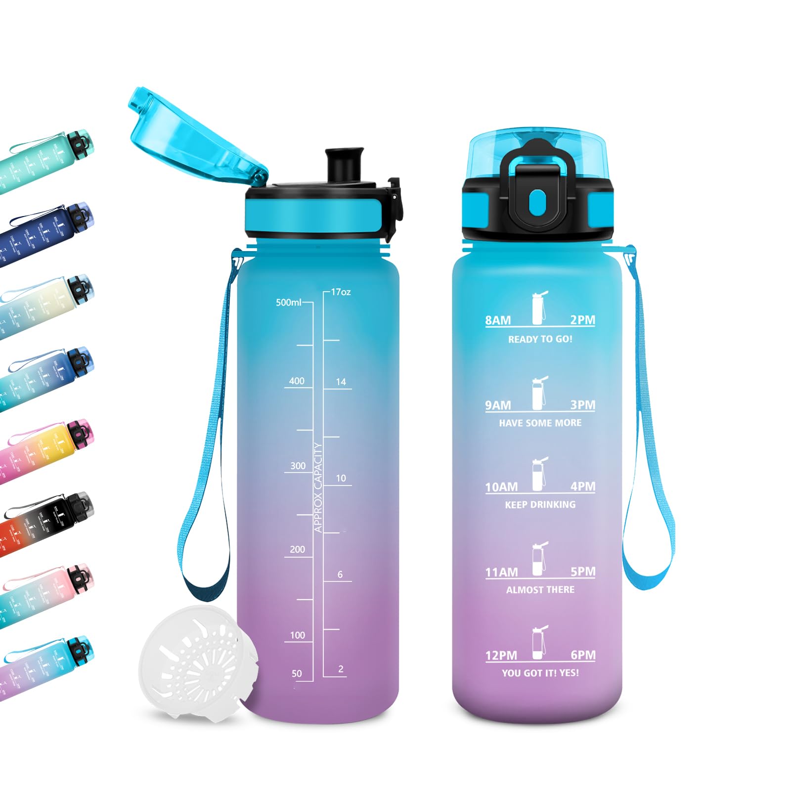 JAPORIA 500ml Water Bottle, Reusable Water Bottle, Filter Bottle, Water Bottles with Time Markers for School, Office