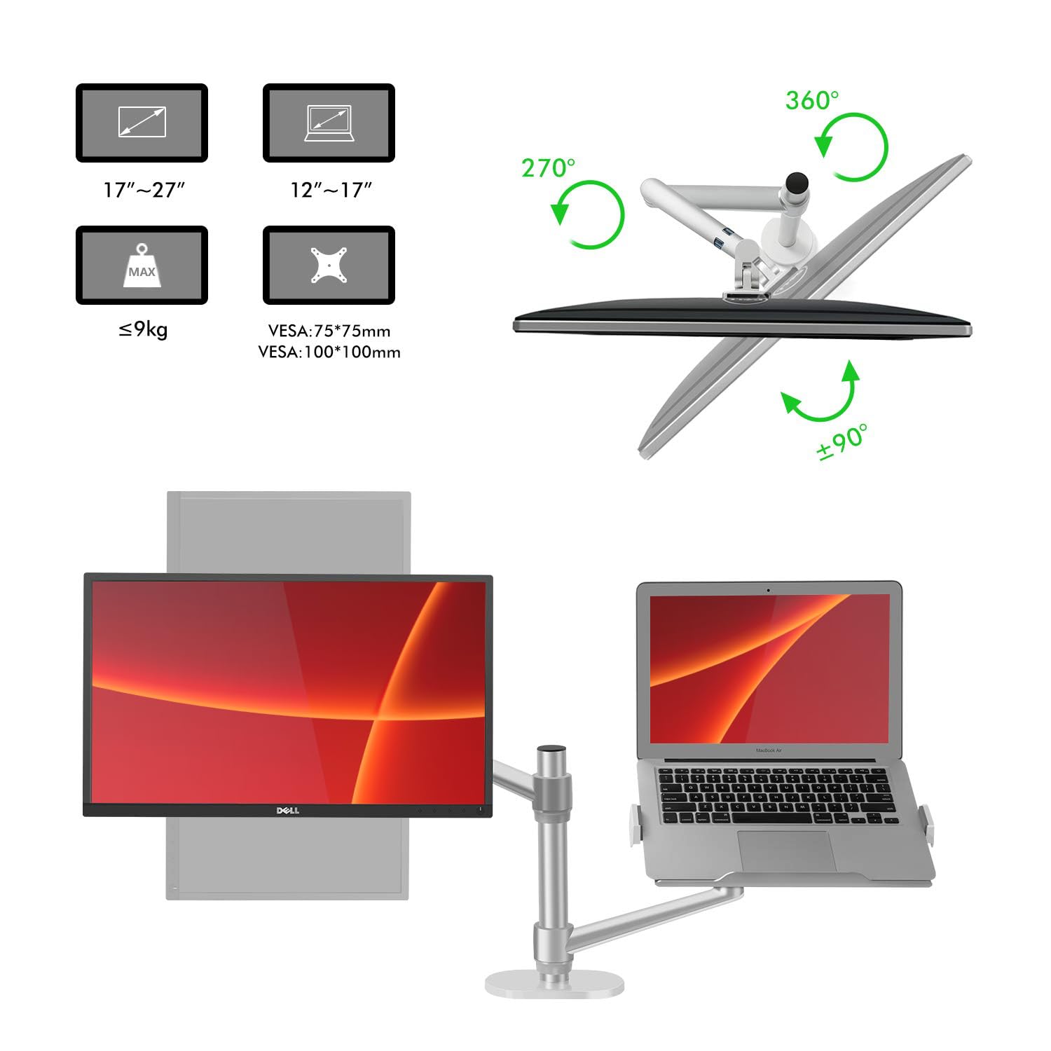 Soporte 2 en 1 para ordenador portátil y monitor, doble brazo ajustable, para portátiles de 12 a 17 pulgadas y monitores de 17 a 32 pulgadas, diseño ergonómico, altura regulable e