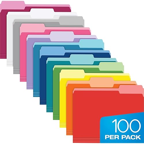 Pendaflex Colored File Folders Letter Size - 100 Pack of 12 Assorted Color Folders for Documents - 1/3-cut Tabs.