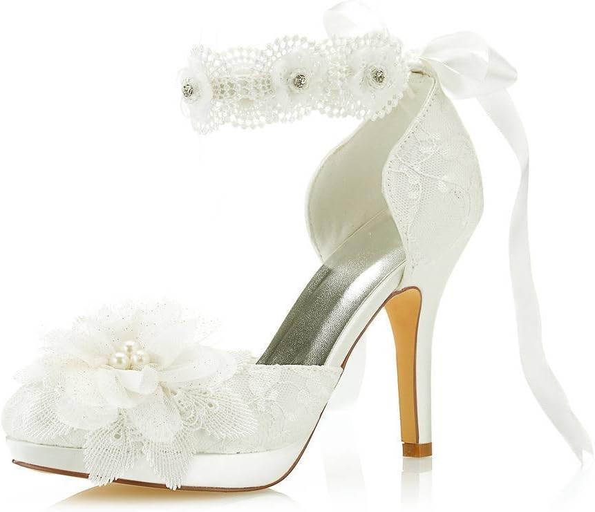 3703L Women's Bridal Shoes Closed Toe 3.9" Stiletto Heel Lace Satin Platform Pumps Satin Flower Ribbon Tie Wedding Shoes