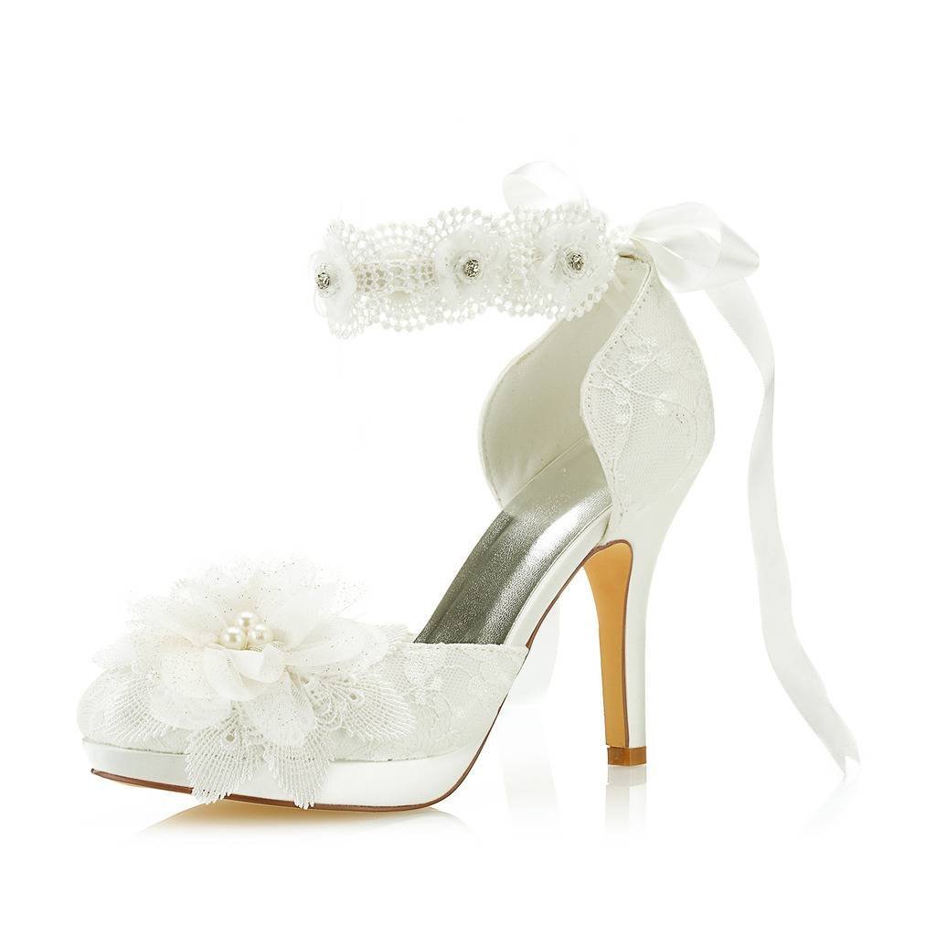 3703L Women's Bridal Shoes Closed Toe 3.9" Stiletto Heel Lace Satin Platform Pumps Satin Flower Ribbon Tie Wedding Shoes