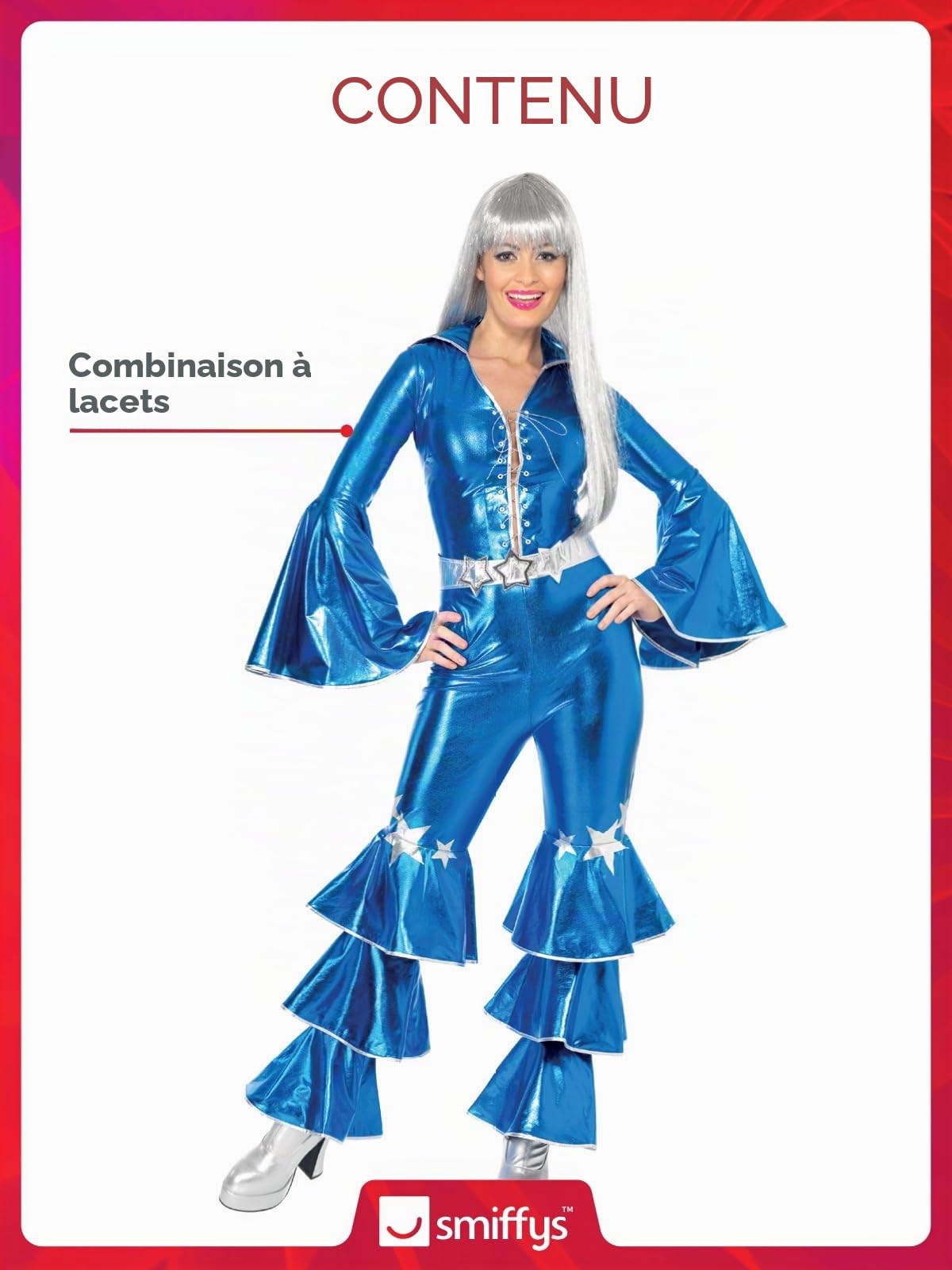Smiffys Costume de rêve dansant des années 70, bleu avec combinaison à lacets, déguisement disco des années 70, costume pour adulte