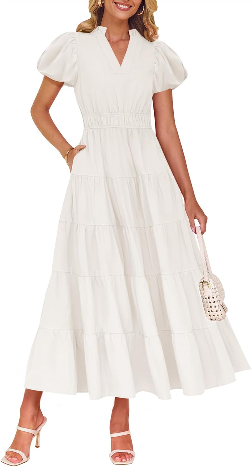ZESICA Women’s Summer Casual Maxi Dress 2025 Puff Short Sleeve V Neck Ruffle Tiered Flowy Boho Beach Dresses