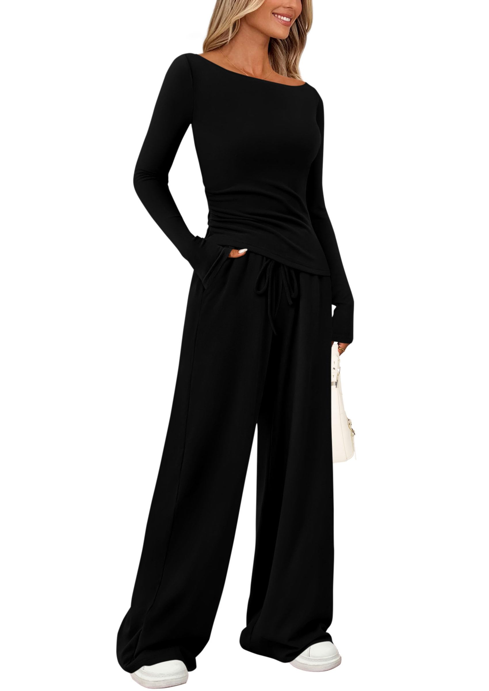 PRETTYGARDEN Women's 2 Piece Lounge Sets Asymmetrical Long Sleeve T Shirt Wide Leg Pants Casual Outfits Tracksuit