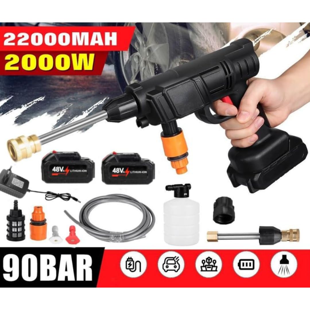 Hidrolimpiadora de Alta presión Portatil Eléctrica con Dos baterías de Litio 48V Pistola de Agua limpiadora inalámbrica Accesorios 90 Bares 200w Alta Potencia Limpieza de Coches con Espuma y Terrazas