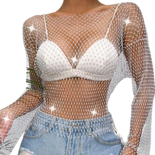 ABEHIK Damen Sexy Netzoberteil mit Strasssteinen Durchsichtige Fischernetz Pullover Y2K Cover Up Kostüme für Karneval Musikfestival Clubwear weiß M