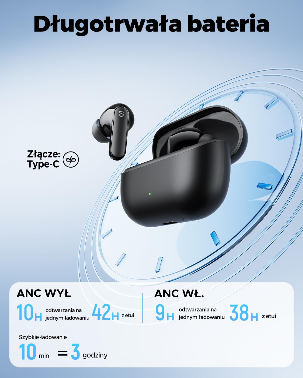 SOUNDPEATS Q3 Pro Bezprzewodowe Słuchawki Douszne z Aktywną Redukcją Szumu Dźwięk Przestrzenny 13mm Przetworniki 42 Godziny Odtwarzania Bluetooth 6.0 Wodoodporność IP55 Idealne do Gier Czarny