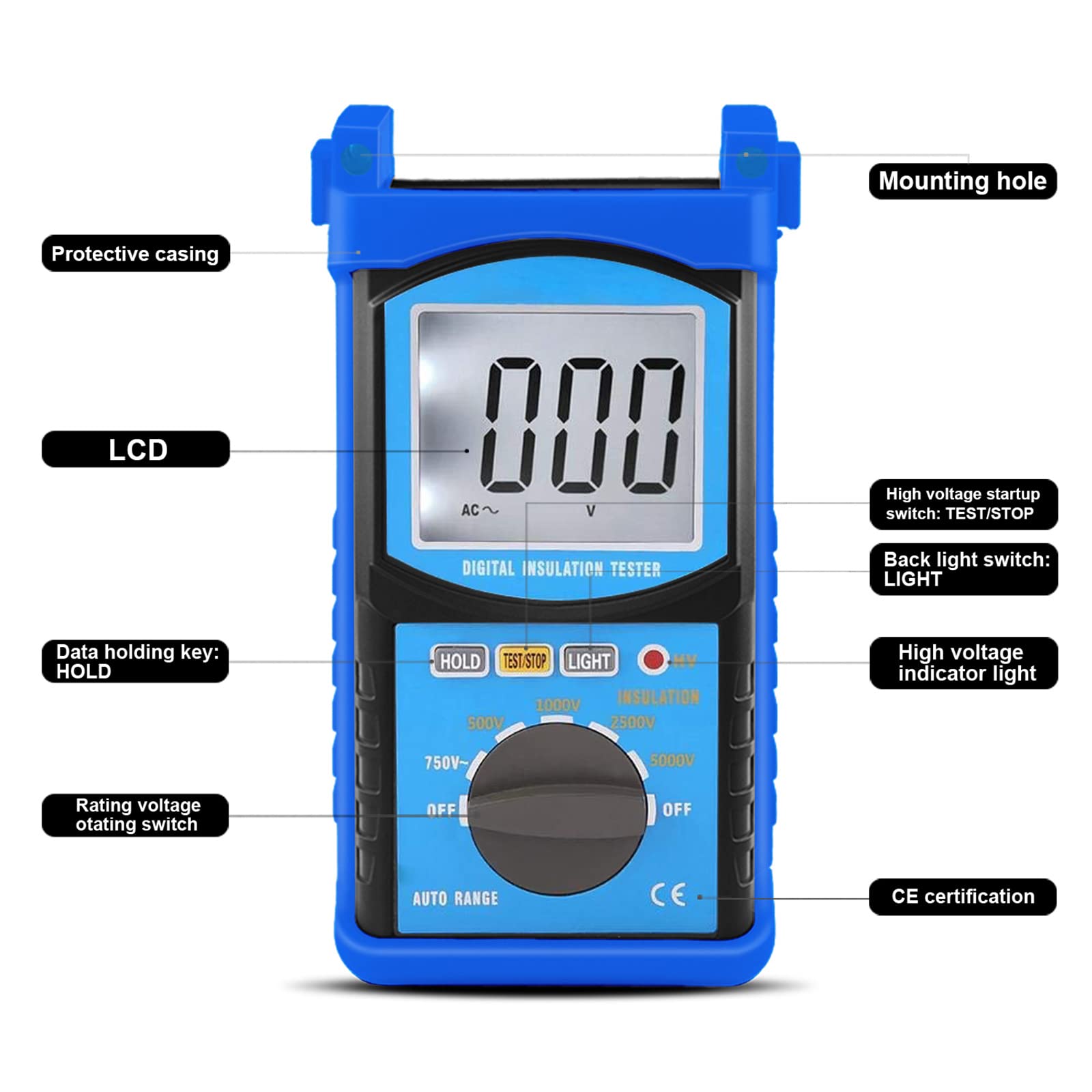 Probador de resistencia de aislamiento Megaohmímetro 1mΩ-200GΩ Voltaje de Prueba 5000V, Voltaje Multímetro AC 1V-750V Resistencia de Aislamiento Retroiluminación LCD e Indicador de Alto Voltaje