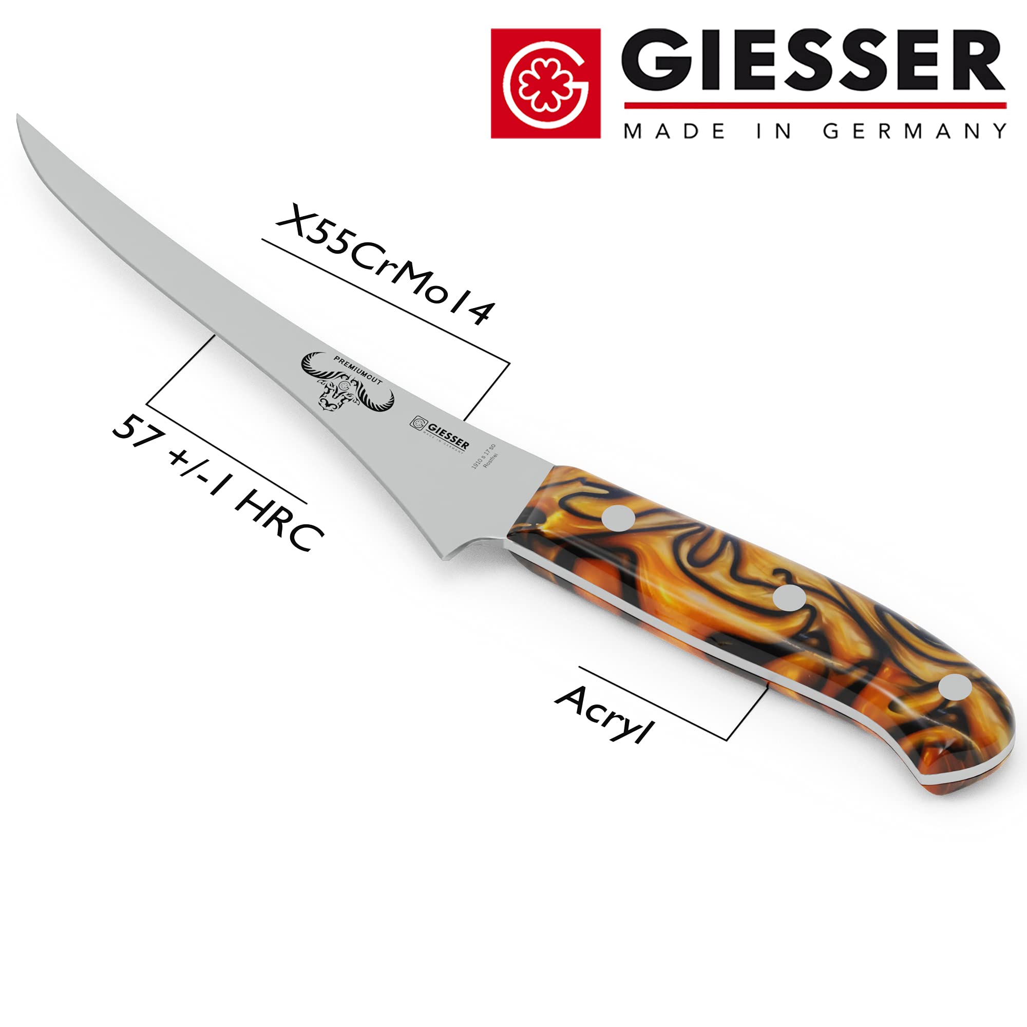Giesser seit 1776 - Made in Germany - Filetiermesser 17 cm Spicy Orange, PremiumCut Filet No 1, Filiermesser, Acryl, exotisch, rostfrei, deutsches Grillmesser scharf