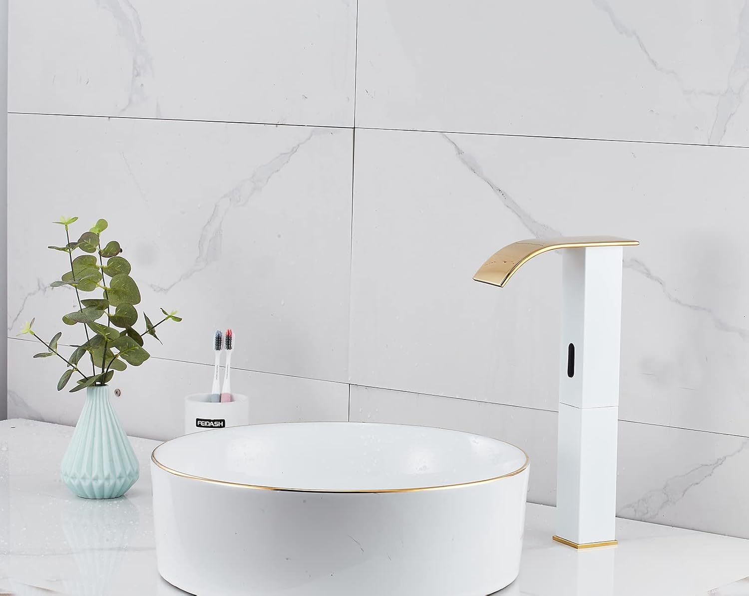 Touchless Bathroom Vessel Faucet Electronic Sensor Automatic Waterfall White Gold with Overflow Drain Stooper