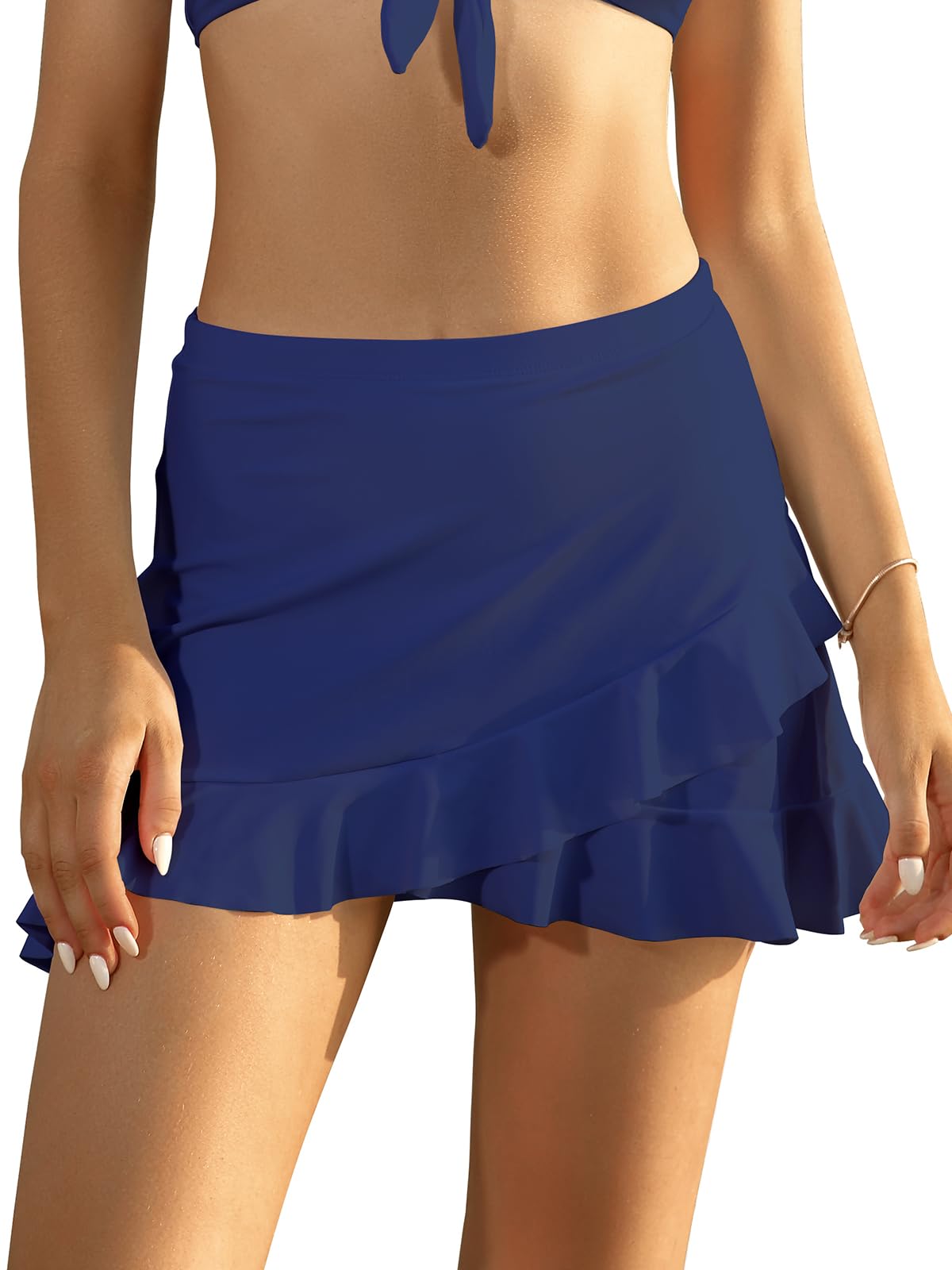 SHEKINI Traje de Baño para Mujer Elegante Ruched Bikini Falda Corta Incorporada Pantalones de Bikini Deportivo Verano Falda de Baño con Cordón de Playa