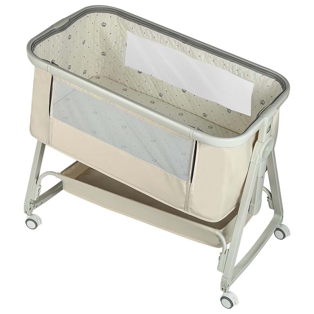 Supfine Berceau Cododo Lits bébé Lit Cododo 4 en 1 Hauteur Réglable Inclinaison Roues Beige