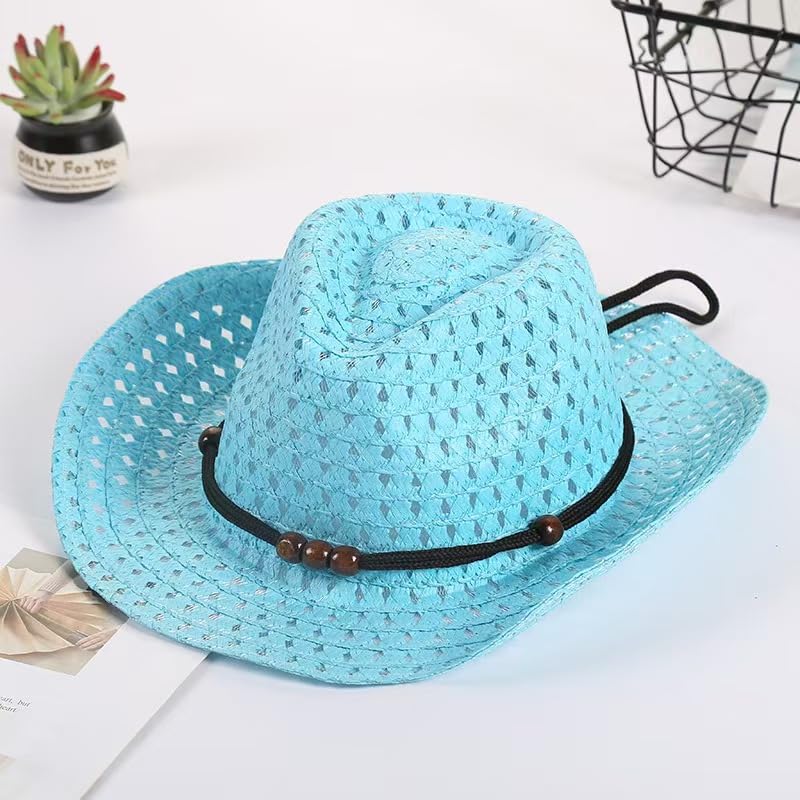 Straw Sun Hat Adjustable Band - Boys Girls Summer Beach Fedora Hat, Wide Brim Breathable Cowboy Style Cap for Kids Ages 3-82