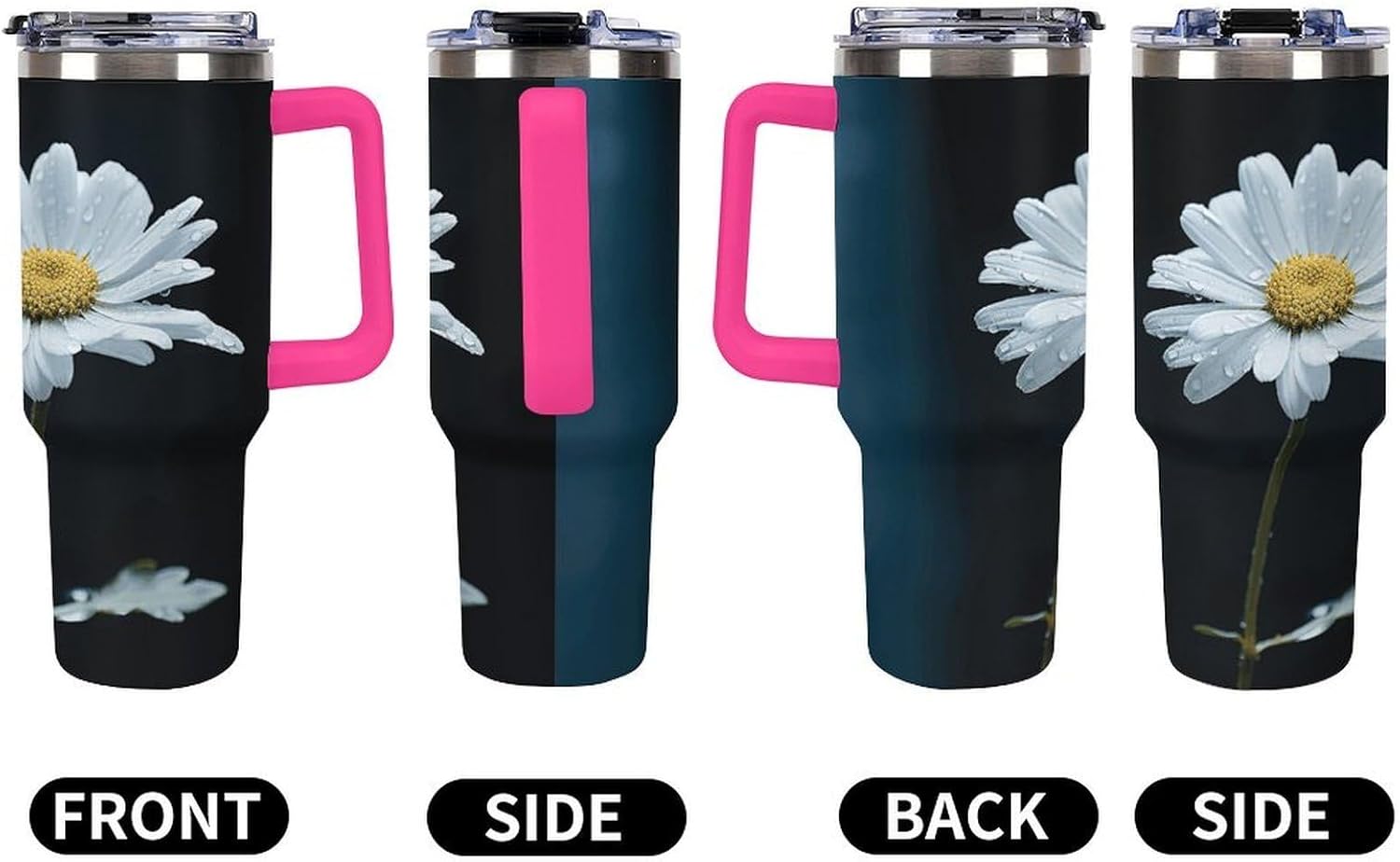 Single Daisy Flower Travel Coffee Mug Reusable Durable Stainless Steel Insulated Tumbler with Handle And Straw Leak Resistant Portable Thermal Cup Gifts for Men Women 40 Oz