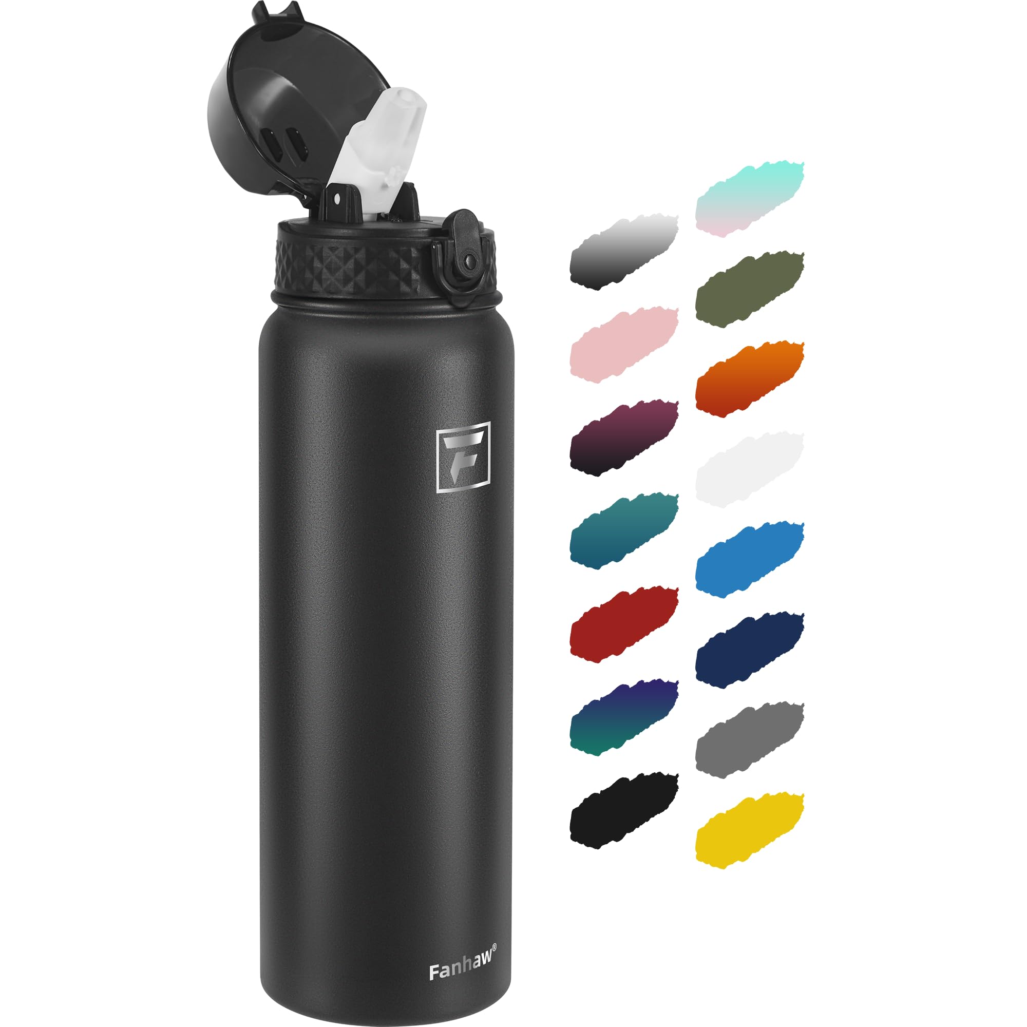 Fanhaw 1L Stainless Steel Insulated Sports Water Bottles with Straw for Kids Men and Women(Black), 946 ml