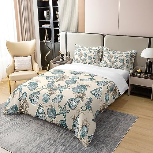 Starfish and Seashells Cotton Duvet Cover Set Ocean Beach Theme Bedding Set for Kids Women Men Retro Nautical Marine Compass Cotton Duvet Cover Set Seahorse Duvet Set King - Image 2