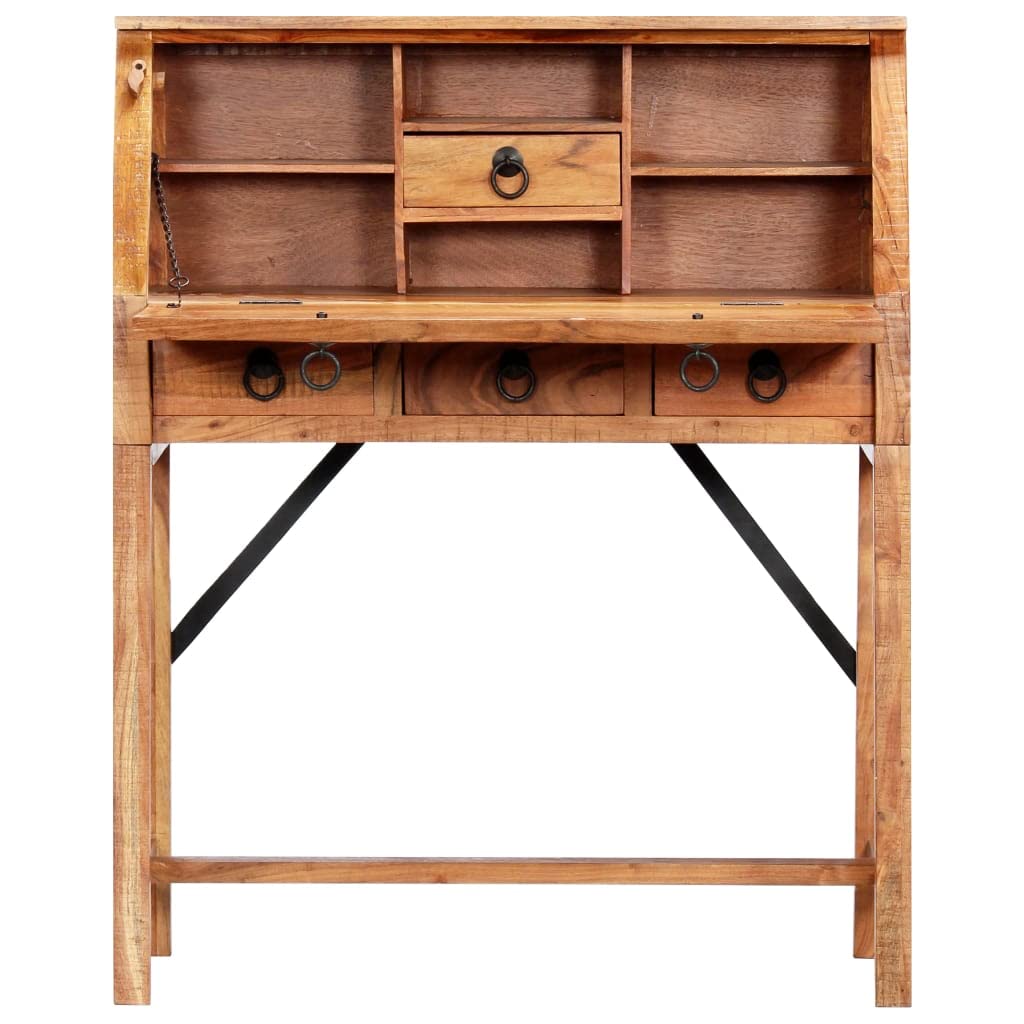 Scrivania in legno massiccio di acacia, 90 x 40 x 107 cm, con cassetti, piano di scrittura pieghevole, libreria, segretario per casa, ufficio, studio, soggiorno, camera degli ospiti
