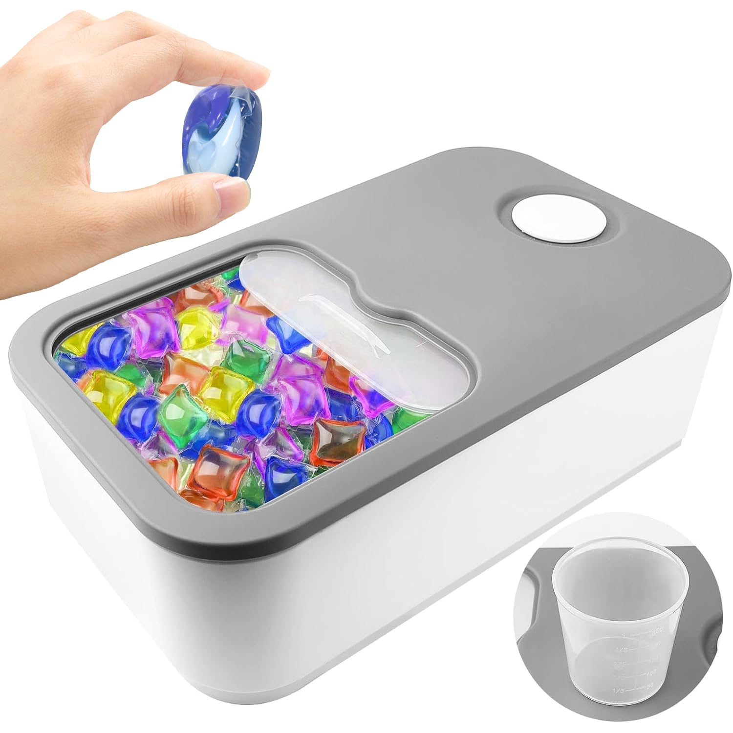 Angju Laundry Pods Container, Holds about 150 Laundry Pods, Laundry Pod Holder with Sliding Lid, Large Laundry Detergent Container With a Cup for Laundry Room Organization and Storage