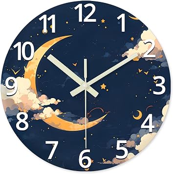 Moon Battery Powered Clock 12 Inch Glow in the Dark Wall Clock | Round Analog Wall Clock for Kids Bedroom Living Room Wall Clock Silent Non Ticking