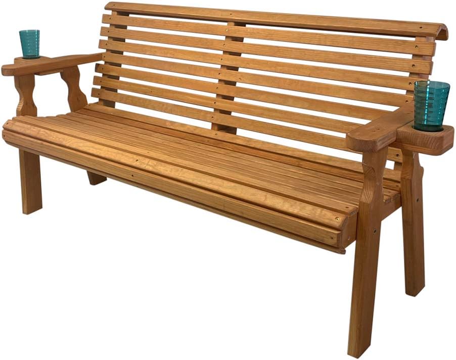Amish Casual Heavy Duty Pressure Treated 5 Foot Outdoor Garden Bench with Cup Holders - Amish Crafted Roll Back Design in Cedar Stain, 700 Lb Weight Capacity