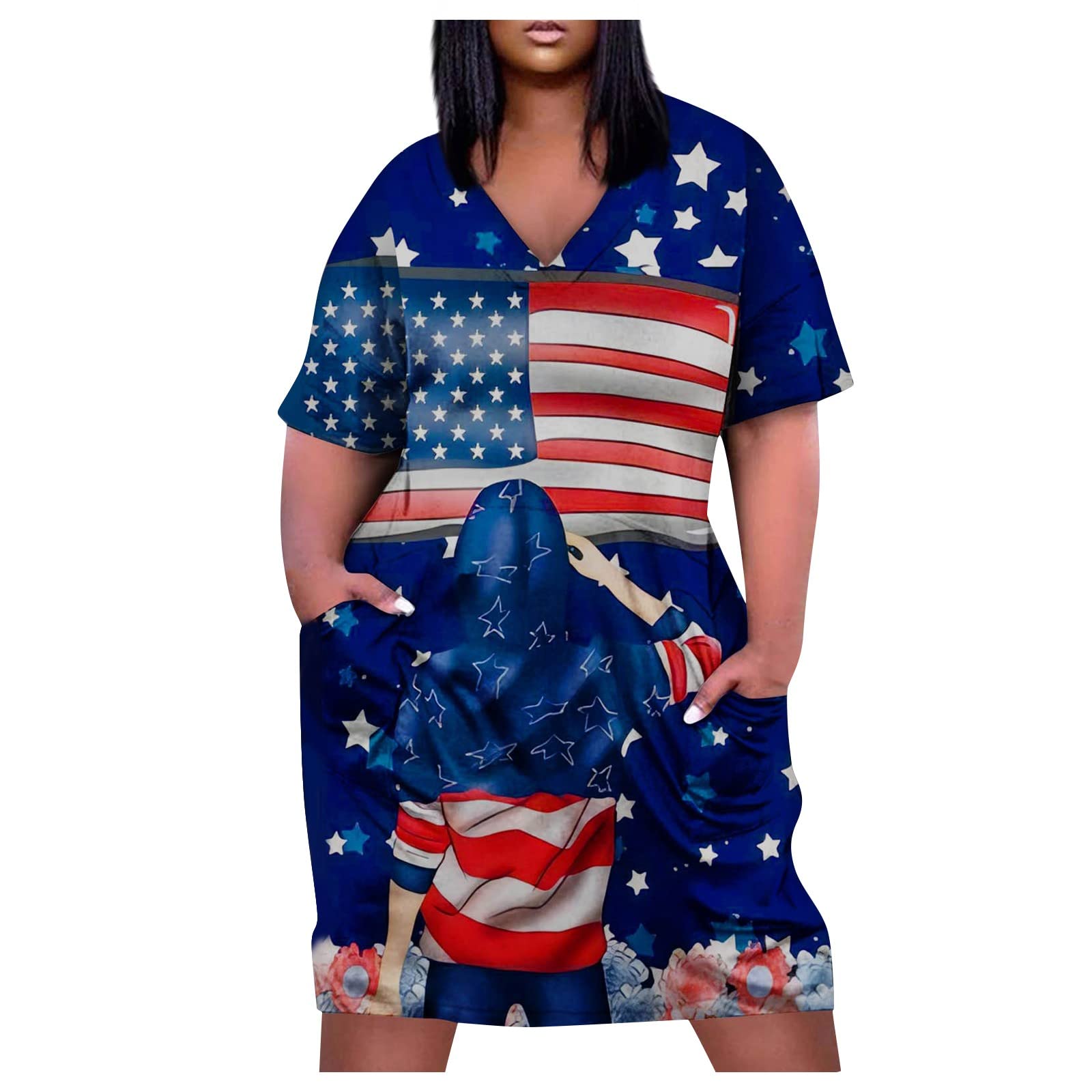 Women's 4th of July Plus Size Midi Dress V Neck Short Sleeve Elegant Print Fit and Flare A Line Dress Knee Pocket Casual