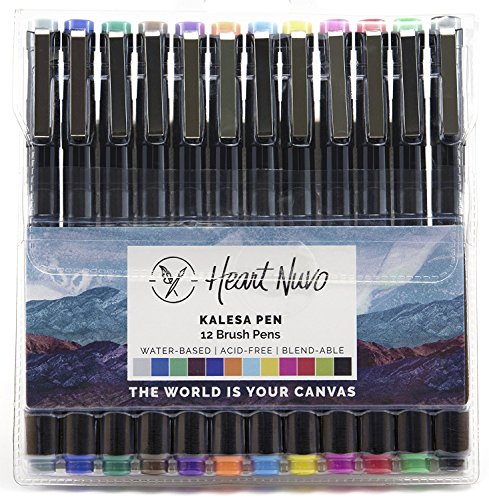 Kalesa Watercolor Brush Marker Pens, 1.5 mm Pointed Felt Nib, Medium Firm Tip, Set of 12 Colors