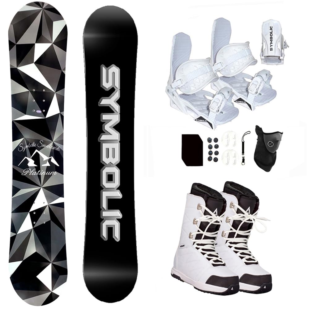 Symbolic Platinum Airtrack Women Snowboard & White Bindings & Boots Leash, Stomp, Gaiter Complete Package (6.5 Women(EU37) ATWhite+Wht Bindg, 130cm Rocker)