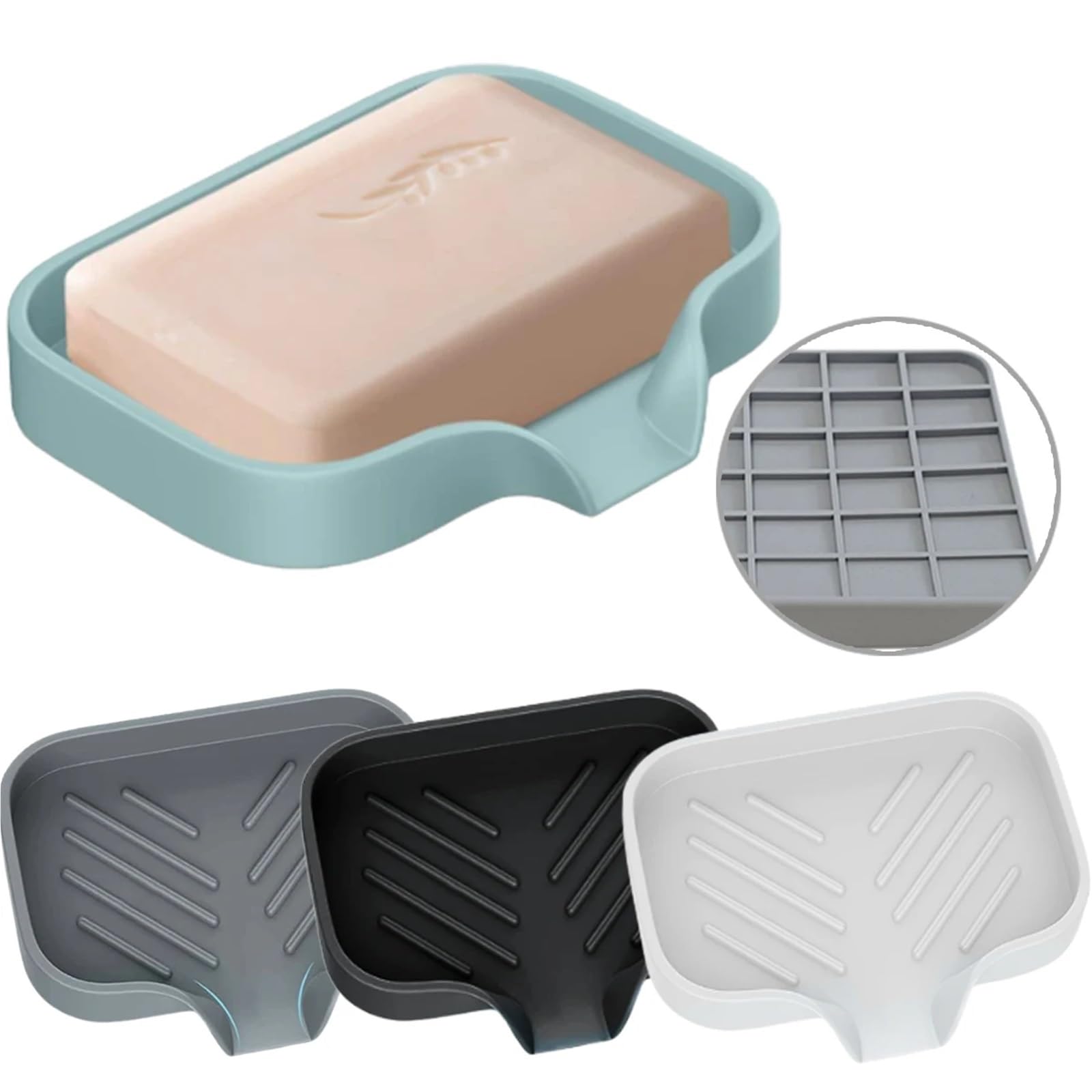Jabonera Antideslizante, Jabonera de Drenaje Silicona Multicolor, 3 Piezas, autodrenante. Bandeja Deslizante. Titular(Green)
