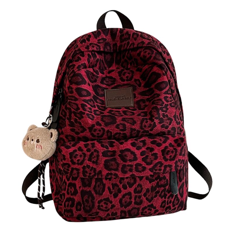 HOKMAH Mochila feminina com estampa de leopardo – Mochila moderna y2k com estampa de guepardo, bolsa de ombro, bolsa para livros, estética e design fofo, Vermelho, Medium, Y2k Mochila Cutecore Bolsa
