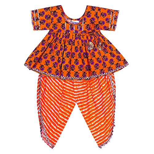 Image of superminis Cotton Blend Baby Girl's Jaipuri Print Frock Style Kurti With Frill Sleeves And Dhoti Style Salwar With Elastic Closure Ethnic Dress Clothing Set