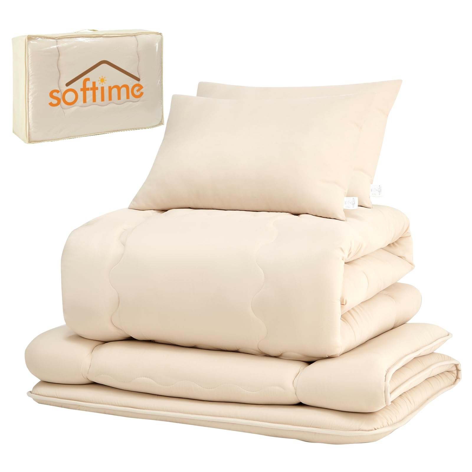 Softime Comforter Set, Double 5-piece Set, Filling, 4.4 lbs (2.0 kg) Comforter, High Density Solid Cotton, Triple Layer Matton, 2 Fluffy Pillows, Convenient Storage Case, Comforter Set for Guests, SEK