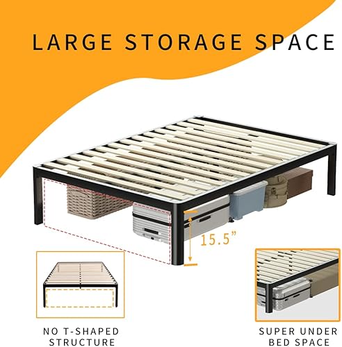 Miniatura 6 de MAF Marco de cama de metal King de 18 pulgadas con patas redondas anticolisión, marco de cama negro resistente de 3500 libras con listones de