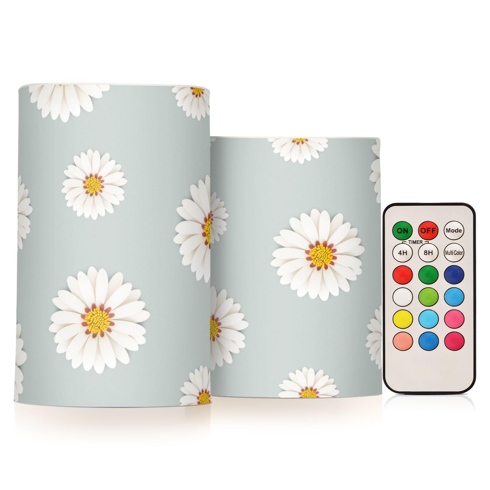 White-Daisy-Blue-Background Flameless Pillar Plastic Led Candles, Battery Operated with Remote/Timer Color Changing Soft Light, Set of 2 for Festival, Wedding,Home Party Decor