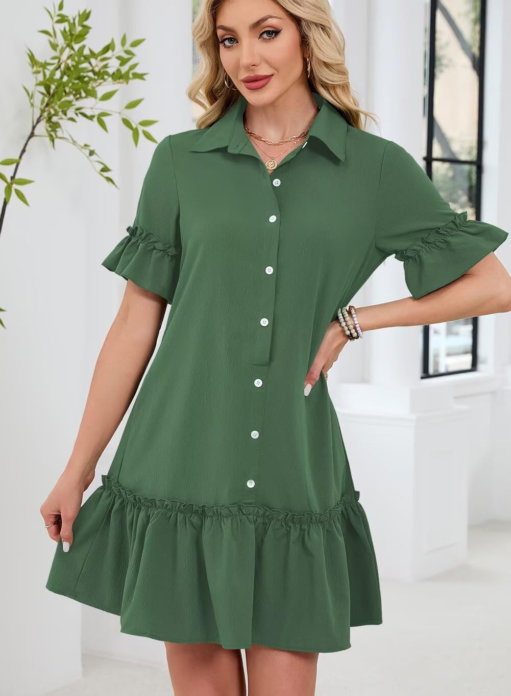 Wkior Women's Casual Shirt Dress Button Down Ruffle Sleeve Mini Summer Dresses with Pockets - Image 4