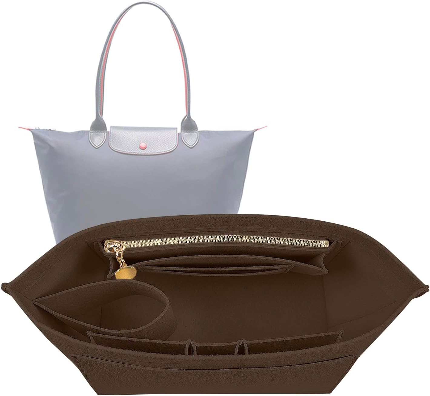 Lckaey Felt Handbag Organizer Insert for Longchamp Le Pliage, Universal Purse Insert for Most Tote Bags & Handbags 041coffee-M