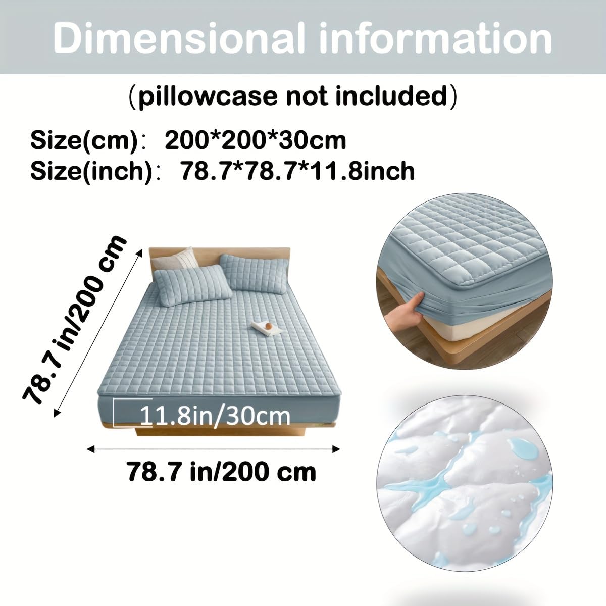1pc Quilted Waterproof Mattrrotess Pector Soft Comfortable Solid Color Bedding Mattress Cover for Bedroom, Guest Room with Deep Pocket, Fitted Bed Sheet Only(Sea Blue,78.74 * 78.74 * 11.81 inch)