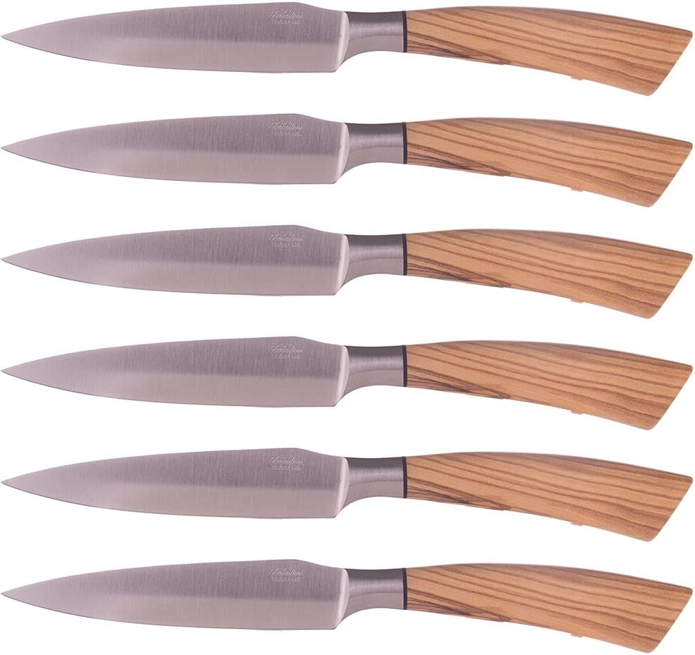 Saladini Steak knife set of 6 'Rustico', olive wood, large, wooden box