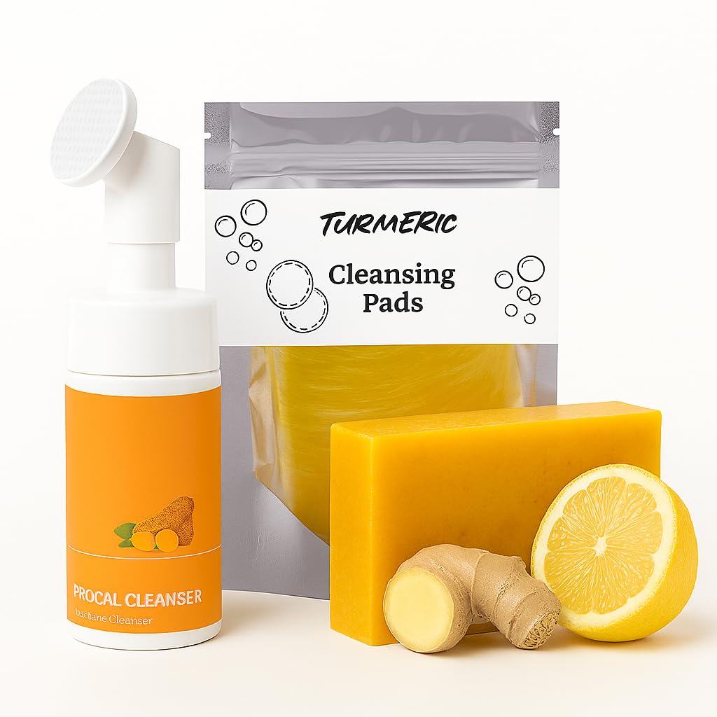 Turmeric Wash and Care 3-Piece Set – Face Cleanser with Brush, 1 Turmeric Soap Bar & Soft Cleansing Pads – Gentle Daily Skincare Kit for All Skin Types, Face & Body Use