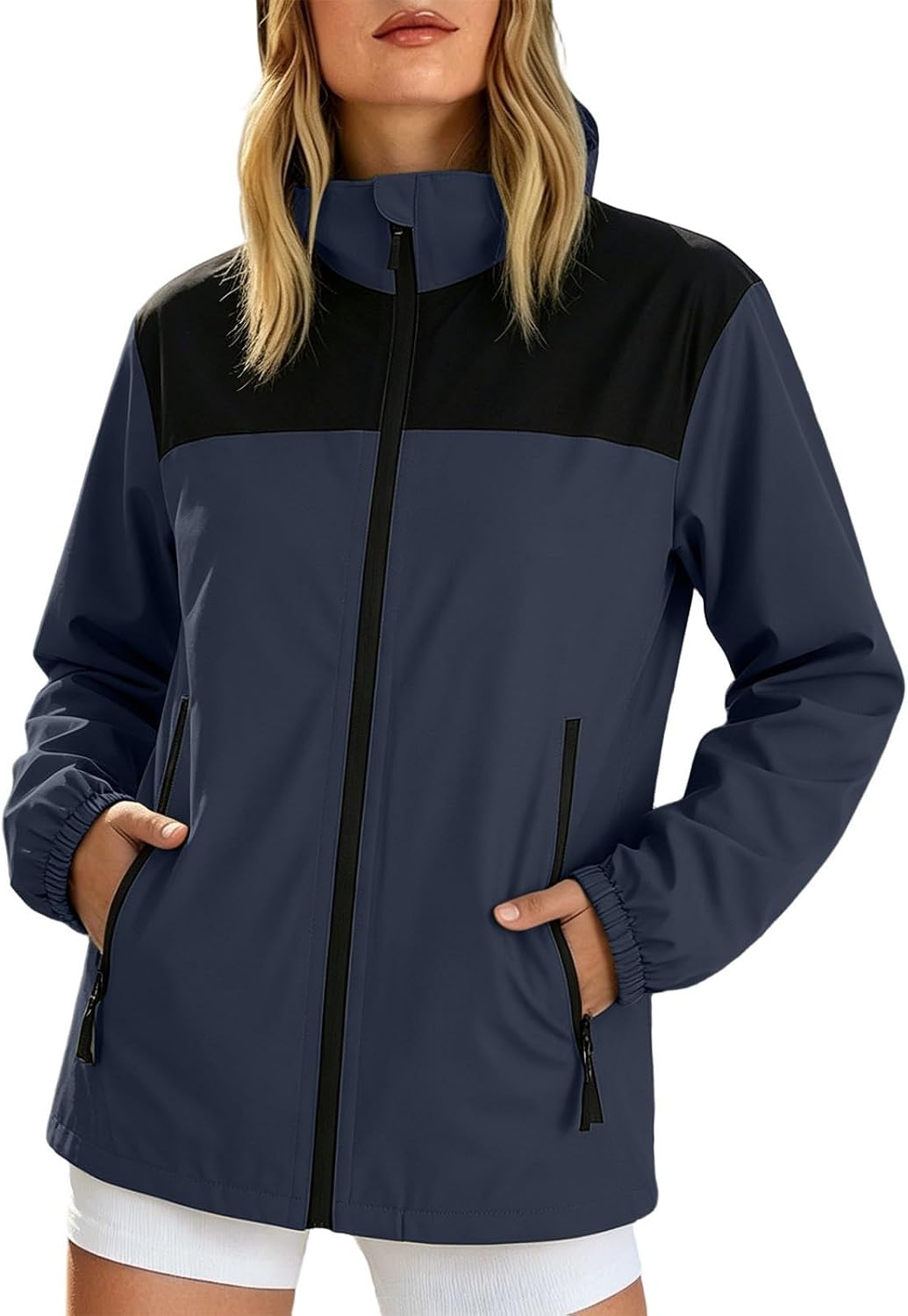 Women's Softshell Jacket with Pockets High Neck Raincoat | Women's Lightweight Rain Jacket Zip UP Windproof Color-Blocking Raincoat For Running Hiking Daily Wear Coat