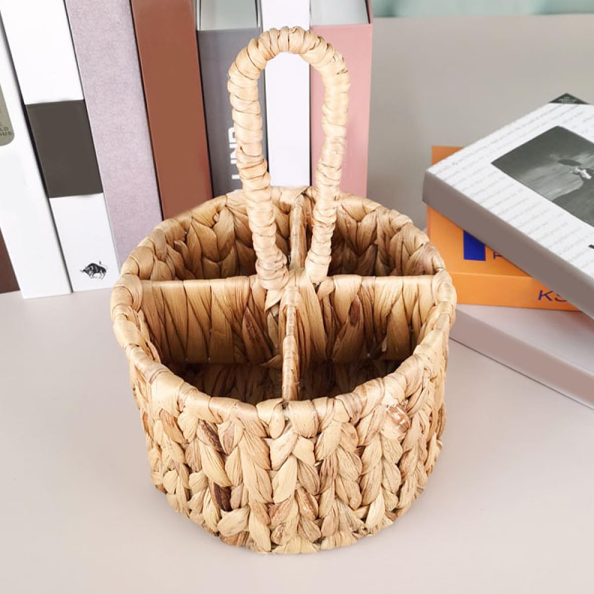 Zerodeko Cesto Intrecciato Floreale Multiuso in Materiale Naturale Porta Posate e Oggetti con Manico Decorazione Elegante per Casa e Cucina