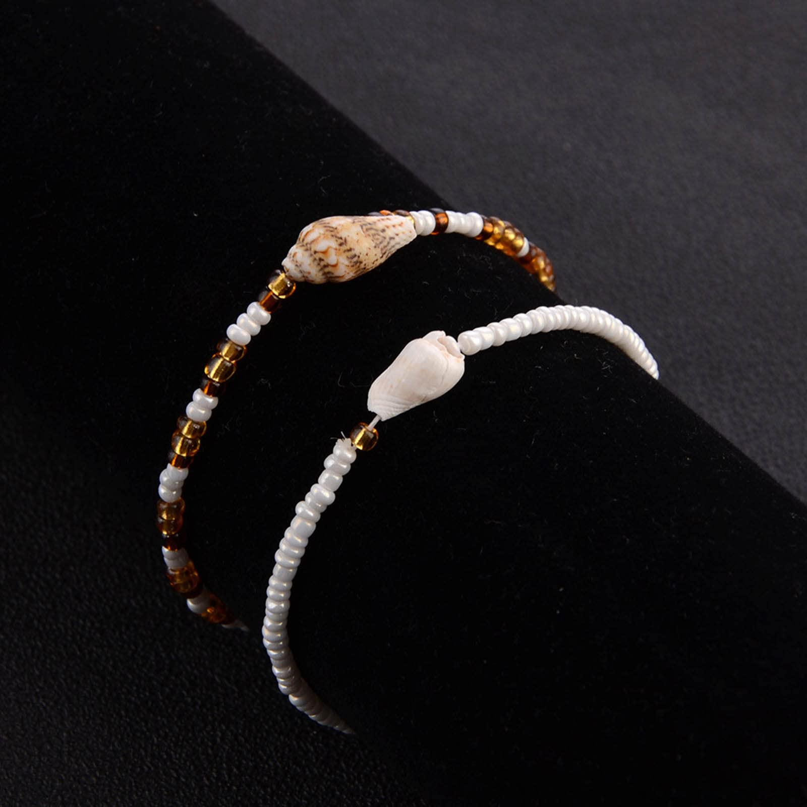 Tobillera bohemia con cuentas, hecha a mano, con cuentas, ajustable, elástica, 2 piezas, joyería de pie para mujeres y niñas, Aleación, cuentas de concha de mar, No es una piedra preciosa 3