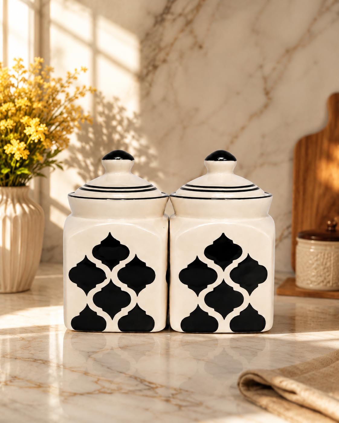 Ceramic Storage Jar 500 ml Set of 2 with Lid, Black & White | Geometric Pattern, Airtight Lid, Kitchen Canister, Spice & Tea Storage, Countertop Organiser-image-19