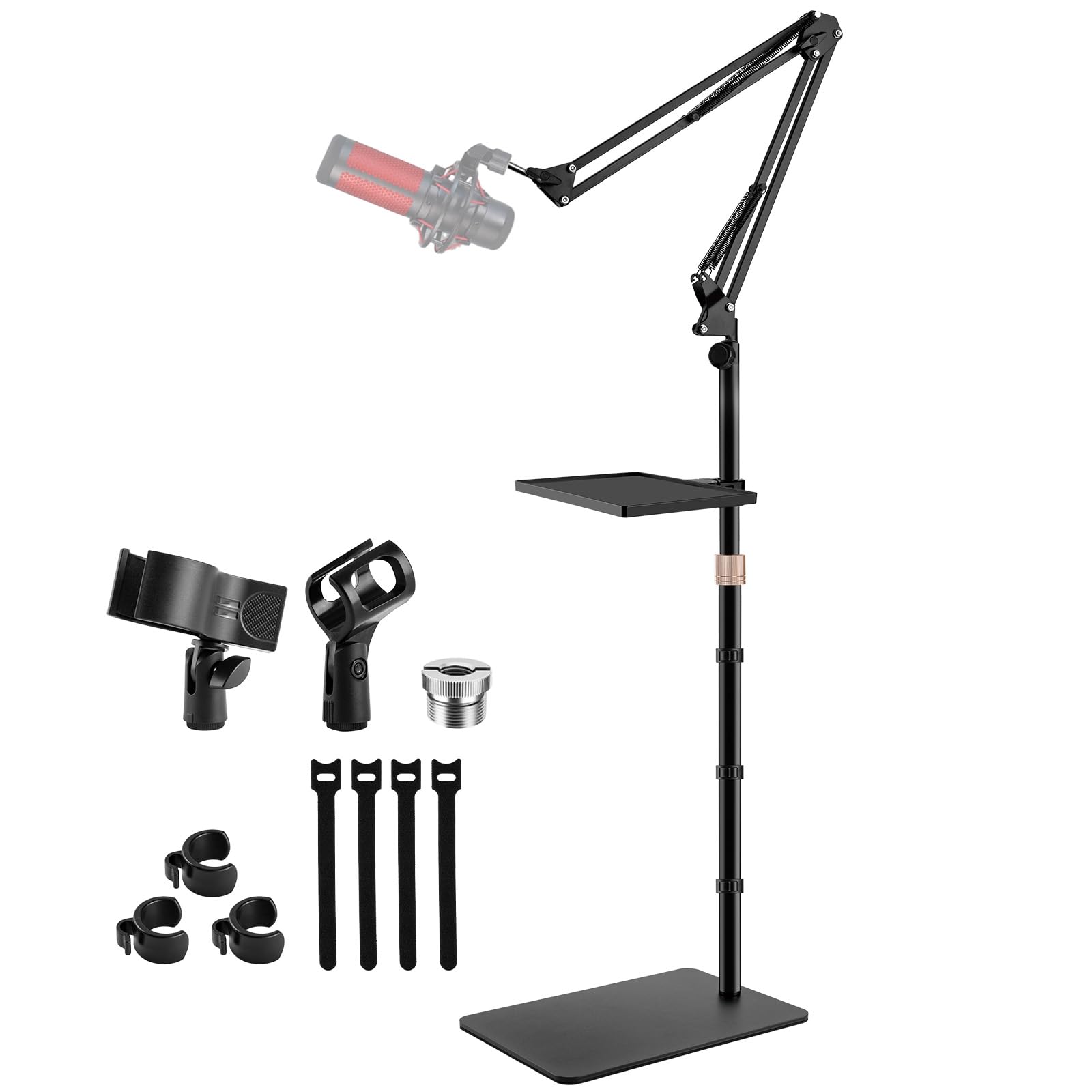 BILIONE Mikrofonständer Boden-Galgenarm mit Ablage, 2,5 kg gewichtete Basis, Höhenverstellbar, Universal Mic Clip + Adapter, Kabelmanagement für Streaming/Podcast/Studio