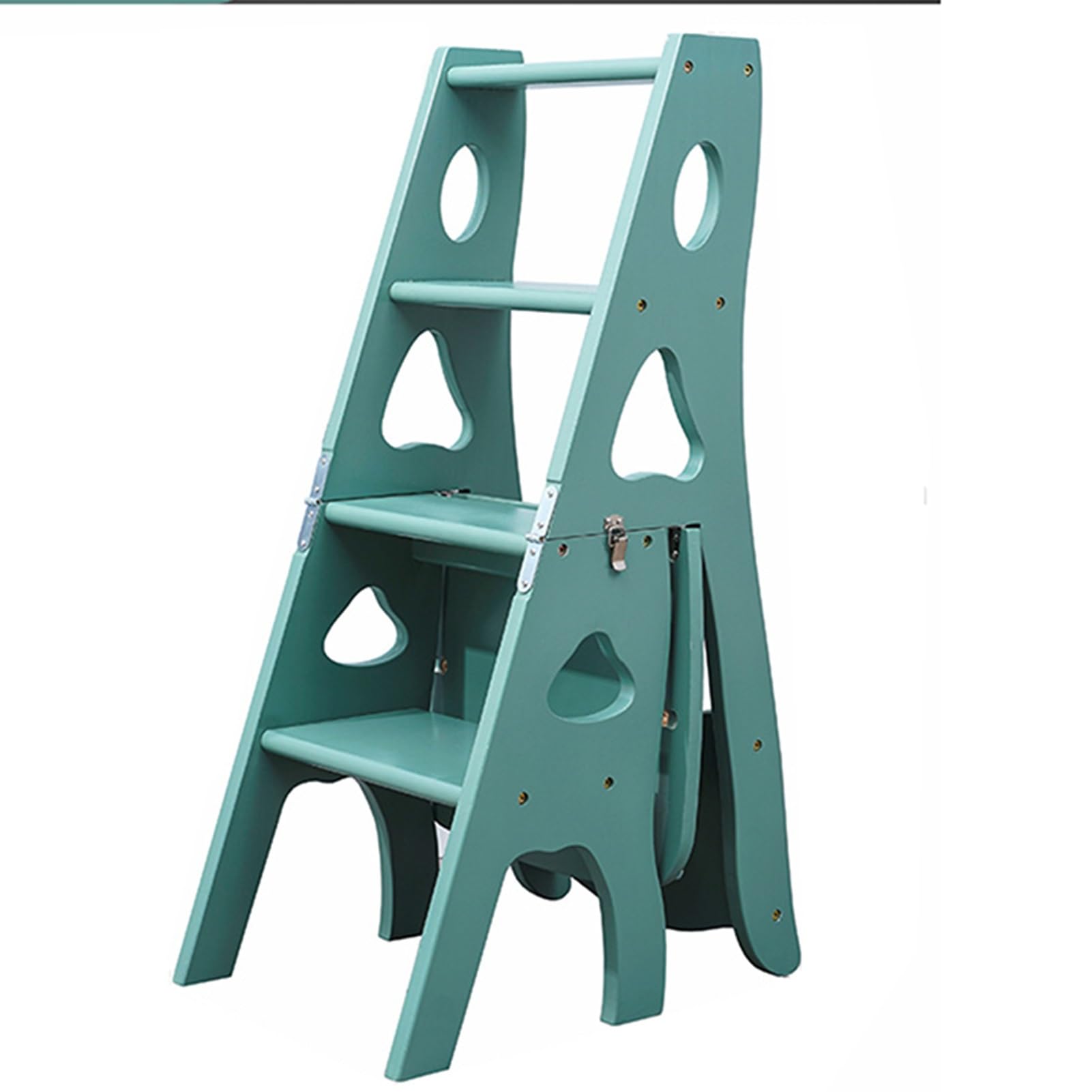 Multifunctional Wooden Folding Library Ladder Chair 3in1 Step Stool & Display Shelf SpaceSaving Design 331lbs Capacity Stylish Light Gray Green for Home & Library Use