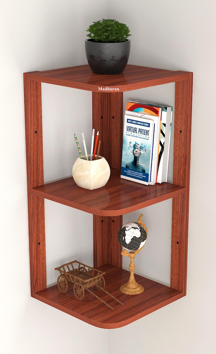 Madhuran Engineered Wood Wall Mounted Corner Shelf Unit Books Stands (Matte Teak)-image-43