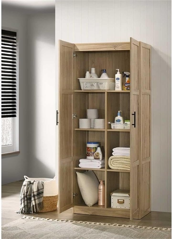 Pemberly Row Contemporary Engineered Wood Storage Cabinet, Interior Storage Furniture Supporting Organizational Needs, Engineered Wood Construction in Light Wood Finish