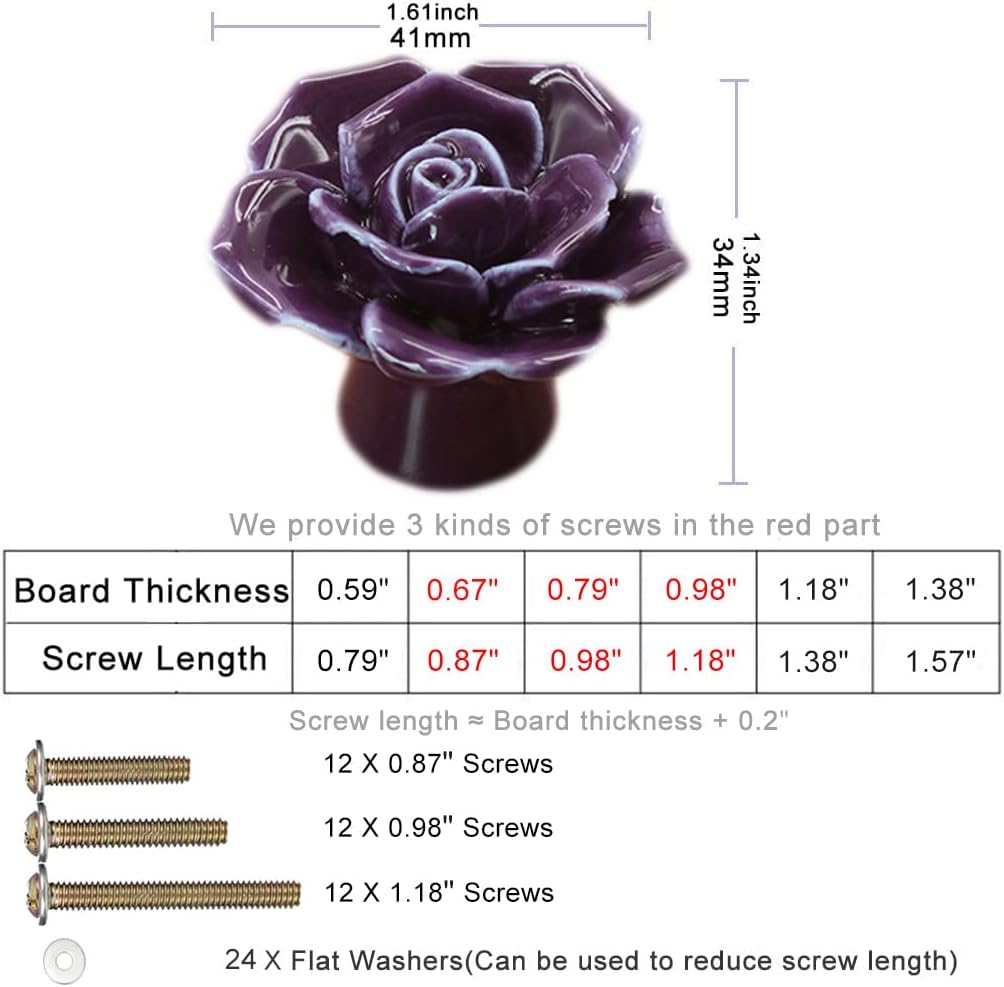 12-Pack Purple Rose Ceramic Knobs, Rose Flower Ceramic Vintage Pulls Kitchen Cabinet Dressing Table Dresser Handles with 3 Size Screws for Girl's Room Dresser Cupboard Wardrobe (12, Purple)